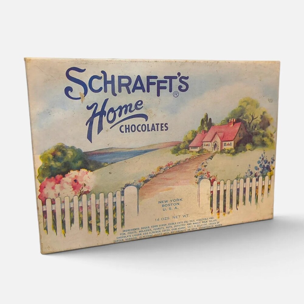 Vintage Schrafft's Home Chocolates Box 14 oz New York Boston Cottage Scene
